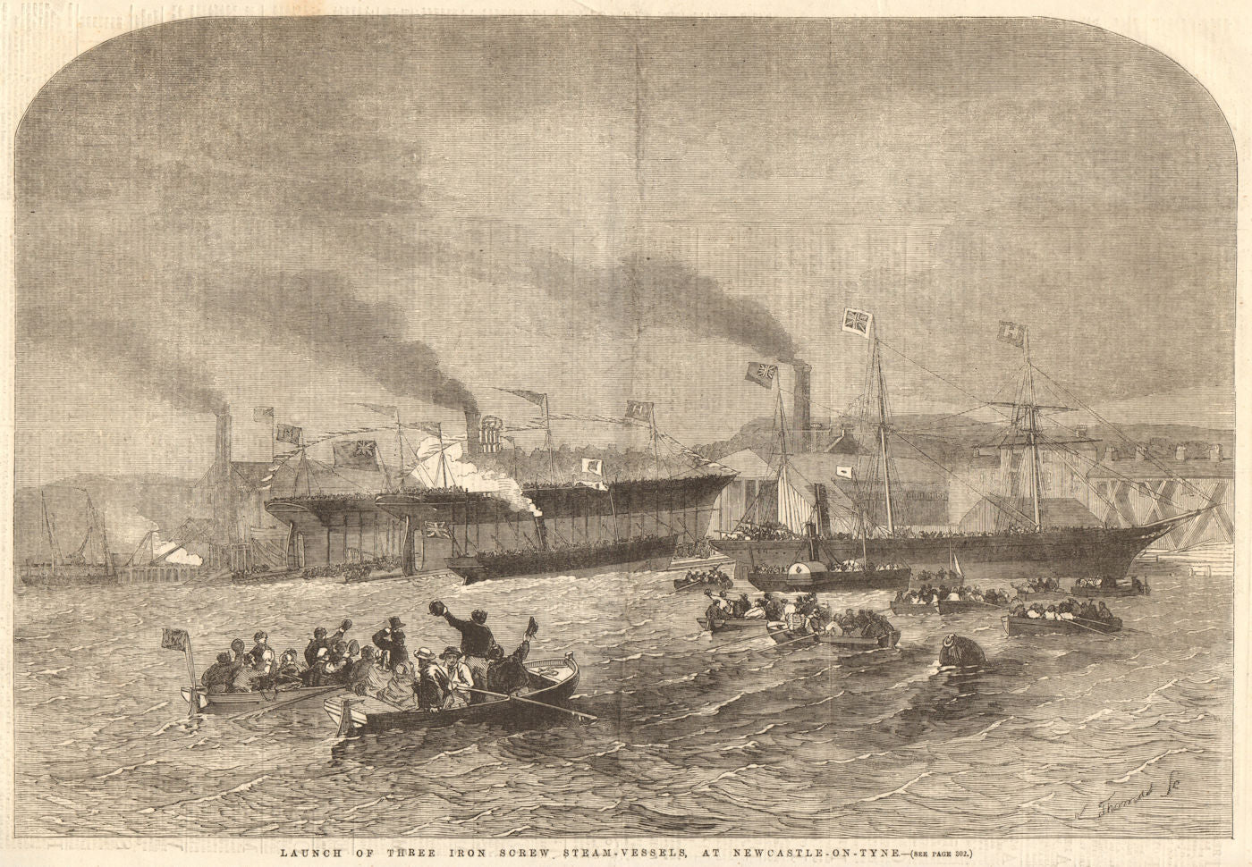 Launch of three iron screw steam-vessels, at Newcastle-on-Tyne. Ships 1856